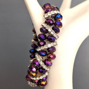 Purple iridescent faceted beaded stretch bracelet with cz accents